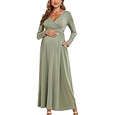AISWI 2025 Women's Maternity Maxi Dress Long Sleeve Wrap V Neck Pregnancy Dresses with Pockets Baby Shower Photoshoot Formal