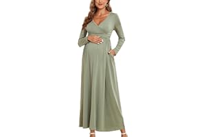 AISWI 2024 Women's Maternity Maxi Dress Long Sleeve Wrap V Neck Pregnancy Dresses with Pockets Baby Shower Photoshoot Formal