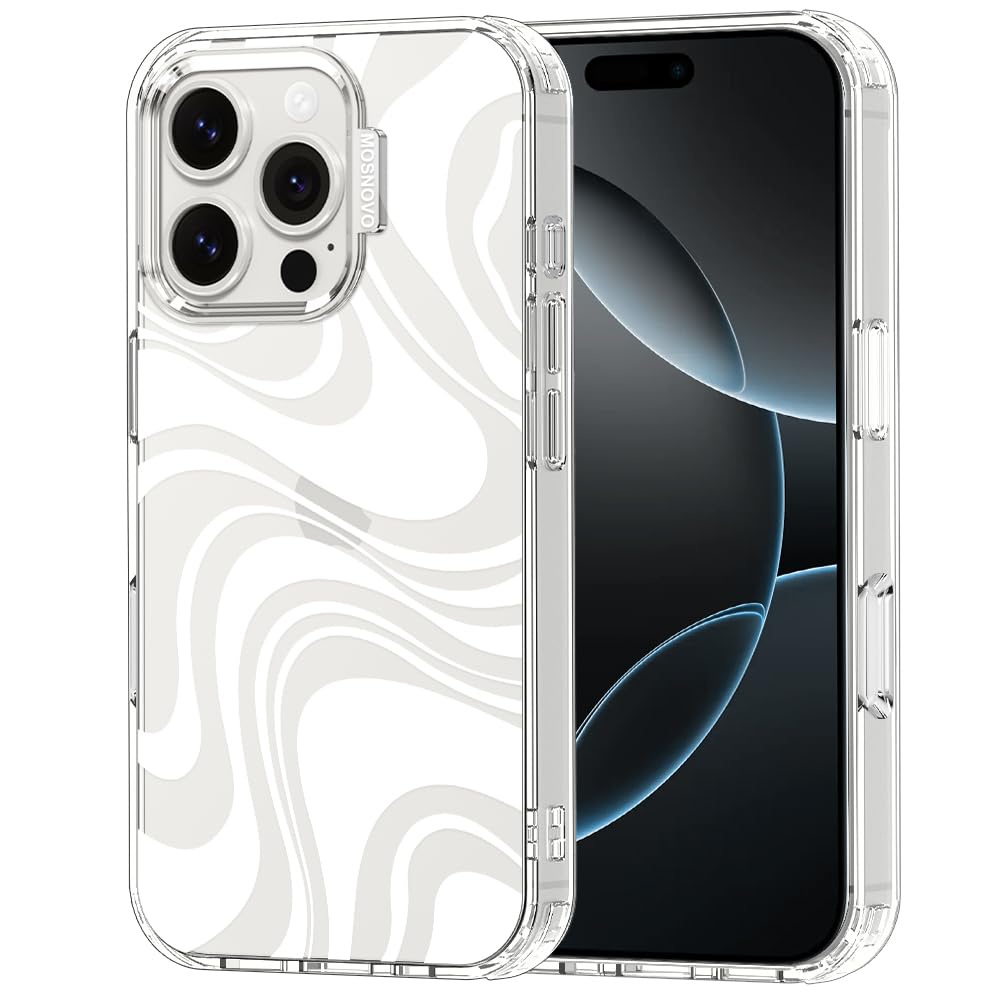 MOSNOVO Case for iPhone 16 Pro, [Buffertech 6.6ft Military-Grade Drop Protection] [Anti Peel Off Tech] Clear TPU Bumper Phone Case Cover Design - White Swirl