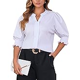 Tewsut Womens Plus Size Tops Oversized T Shirts Dressy V Neck Summer Blouses Casual Tunic Puff Short Sleeve Tops 1X-5X