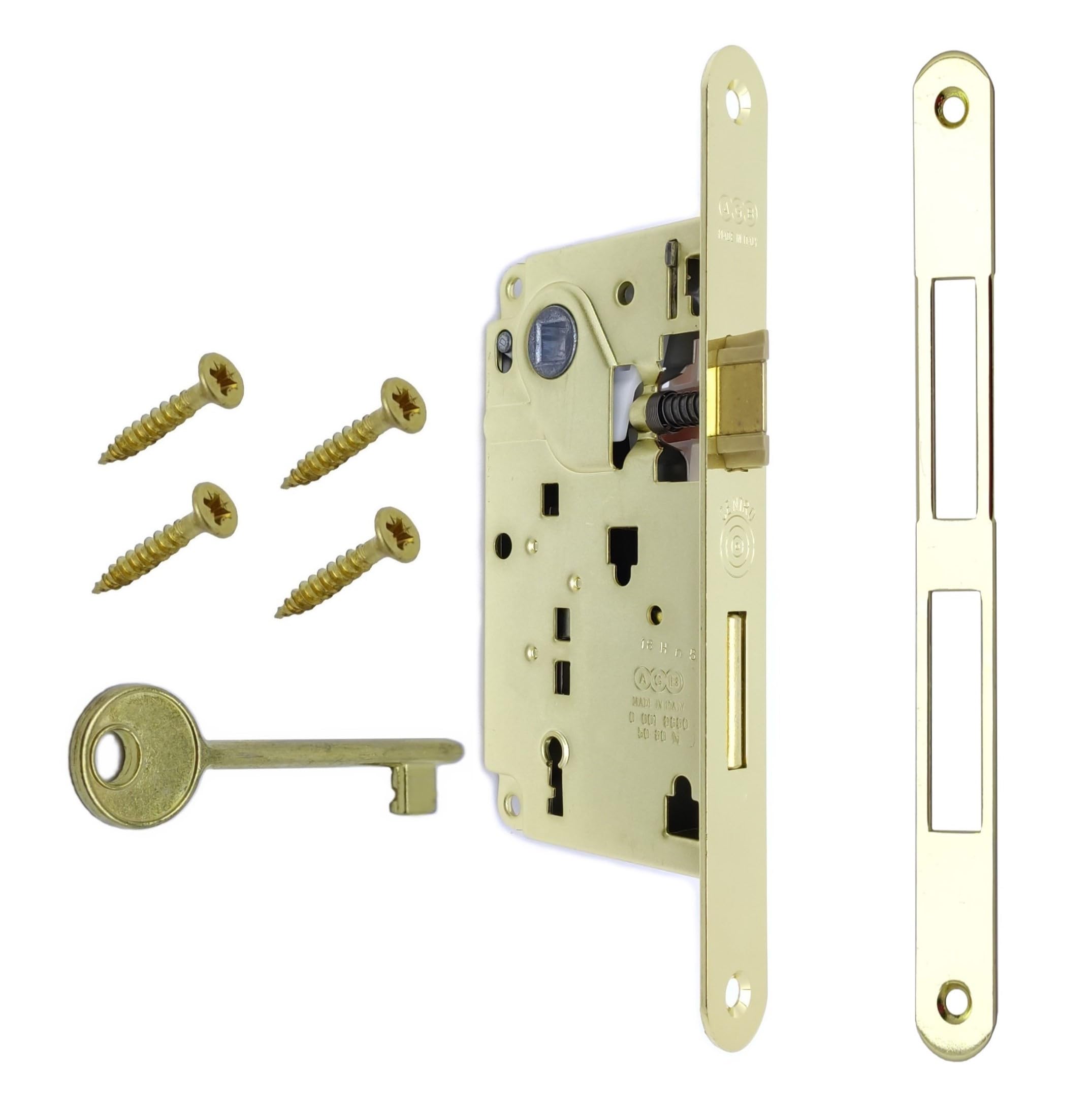AGB - Center Series Internal Door Lock (Fr. 18x196, In. 90, En. 50, Qu. 8, Key Chain, Painted Brass)