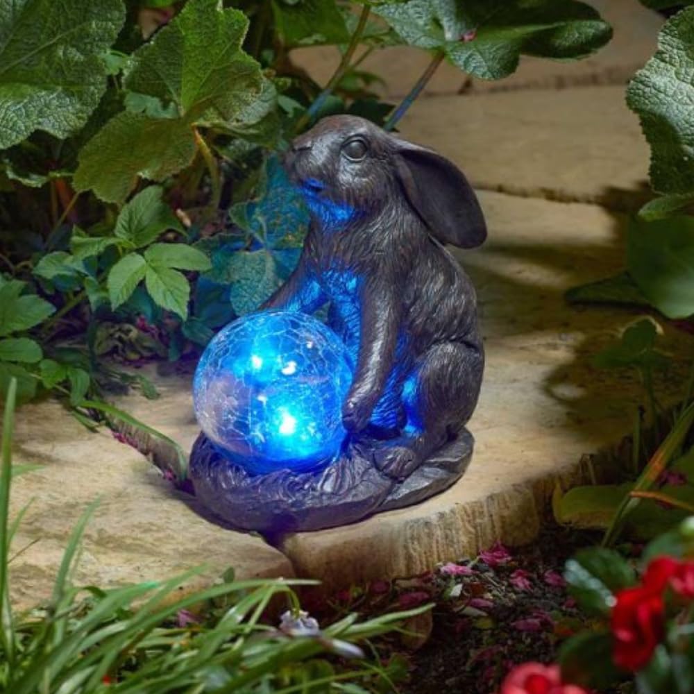 Garden Mile Solar Rabbit Light Statue, Outdoor LED Garden and Patio Ornament with Multicoloured Lights, Hare Solar Powered Animal Garden Lights, Decorative Ornaments