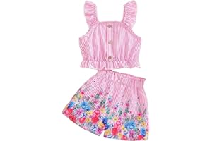 HSOXLQF Kids Toddler Girls Summer Clothes Button Design Striped Tank Top + Floral-Print Elastic Shorts 2 Piece