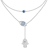 HOOHWE Blue Evil Eye Necklace for Women 925 Sterling Silver Double Chain Protection Hamsa Hand Y Layered Fatima Necklaces Pendant Jewelry Gifts