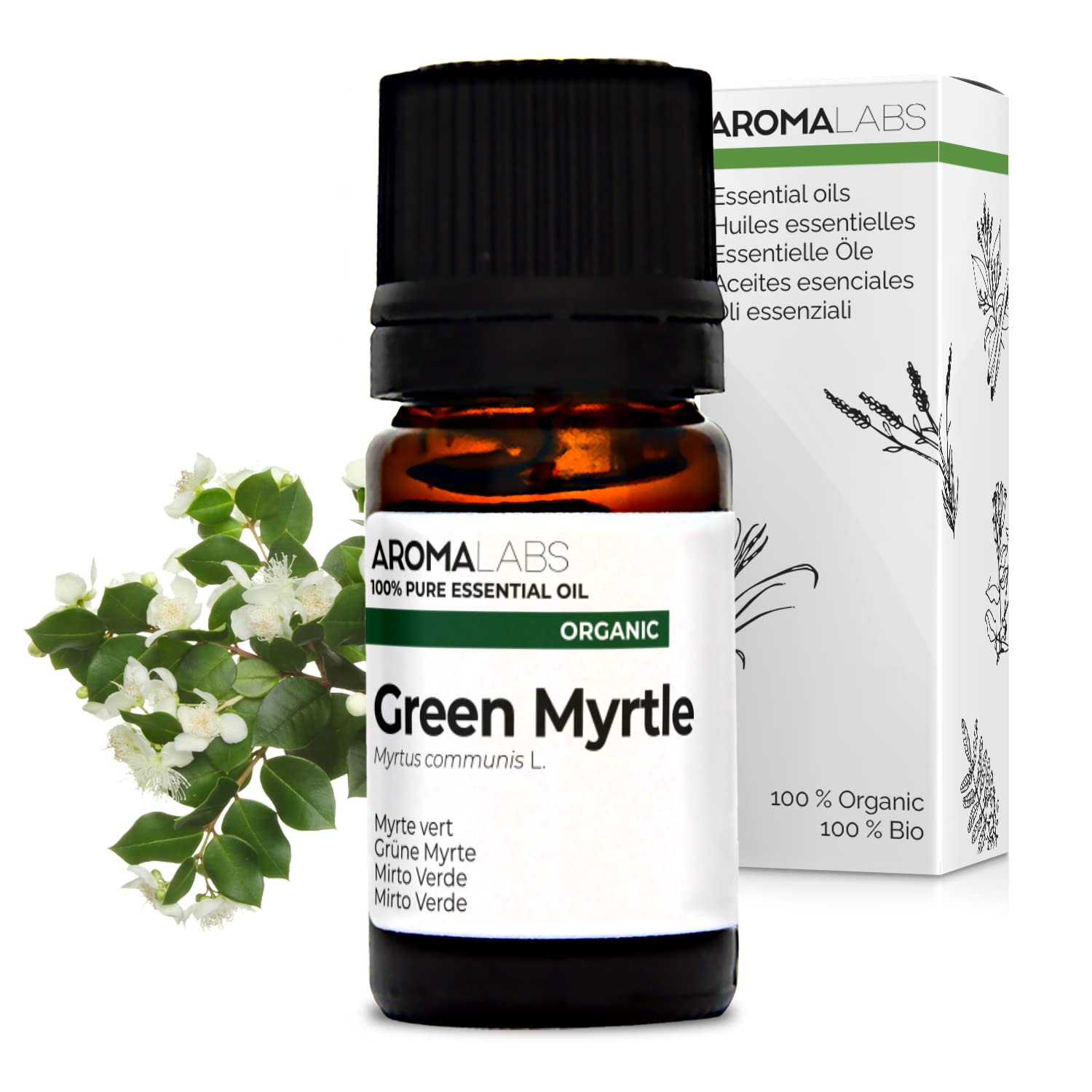 BIO - Green Myrtle Essential Oil - 5mL - 100% Pure, Natural, Chemotyped and AB Certified - AROMA LABS (French Brand)
