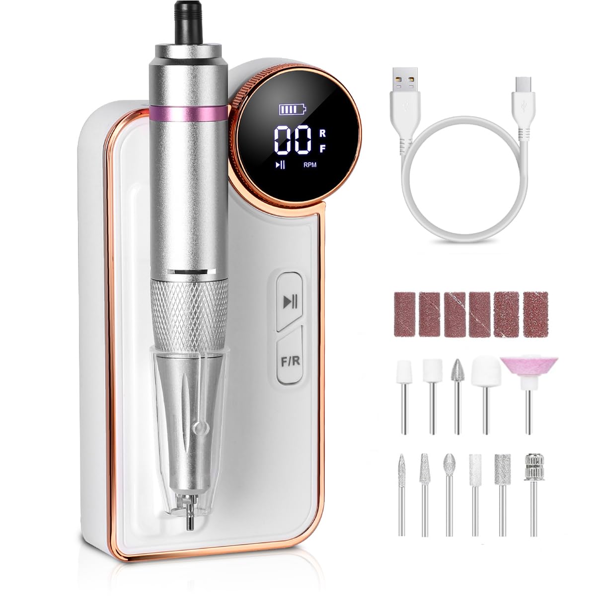 【最新 ネイルマシン 】ARREBOL ネイルマシン 電動ネイルマシンキット ネイルマシンプロ用 USB充電式 ビット11個付 0-35000RPM スピード調節可能 正逆回転 人気 コードレス ジェルネイル 甘皮処理 研磨 爪磨き マニキュア対応 自宅サロン用 日本語説明書付き商品画像