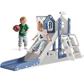 BIERUM 6 in 1 Toddler Slide for Toddlers Aged 1-3 Indoor Playset Blue | L-Shaped Baby Slide with Basketball Hoop, Telescope Toy and Anti-Slip Pads, Indoor Outdoor Toddler Playset