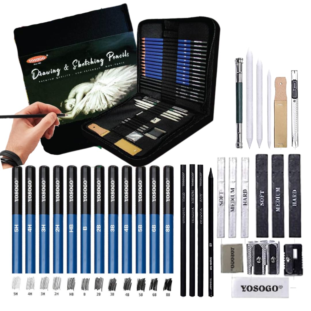 Yosogo 33-Piece Drawing & Sketching Set – Artist Kit with Graphite Pencils, Charcoal Sticks, Eraser & Sharpener for Beginners and Professionals