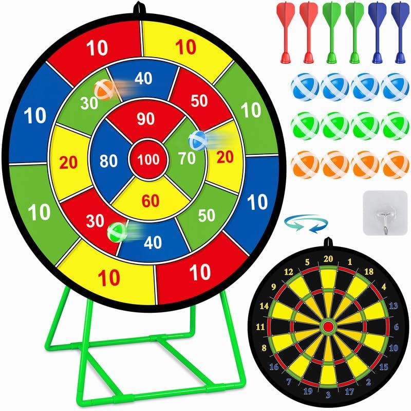 FHNSEL Kids Dart Board Set Double Sided with Bracket 12 Sticky Balls 6 Darts