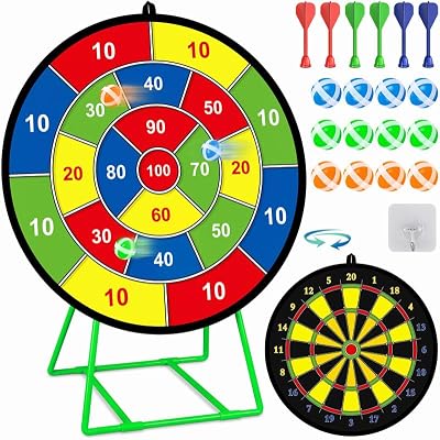 FHNSEL Kids Dart Board Set Double Sided with Bracket 12 Sticky Balls 6 Darts