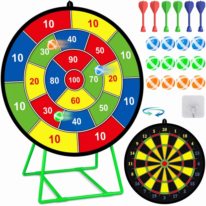 Kids Dart Board Set,Double Sided Dart Board with Bracket,12 Sticky Balls,6 Darts,Indoor & Outdoor Party Games Toys Gifts for 3 4 5 6 7 8 9 10 11 12+ Year Old Boys Girls and Adult
