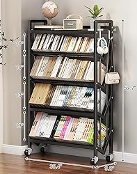5-Tier Rolling Book Cart, Mobile Bookshelf with 2