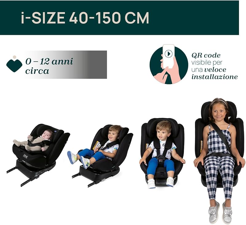 Unico Evo I-Size, Seggiolino Auto 0-36 Kg, omologato ECE R129/03, Isofix Girevole A 360° E Reclinabile, Gruppo 0+/1/2/3 Da 0 A 12 Anni