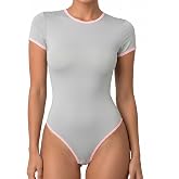 Veugol Women's Color Block Short Sleeve Bodysuit Round Neck Racerback Fitted Thong Leotard Top