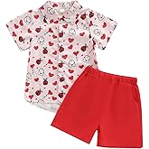 COORALLY Toddler Baby Boy Valentine's Day Outfit Heart Ladybug Print Button Down Shirt and Shorts Set