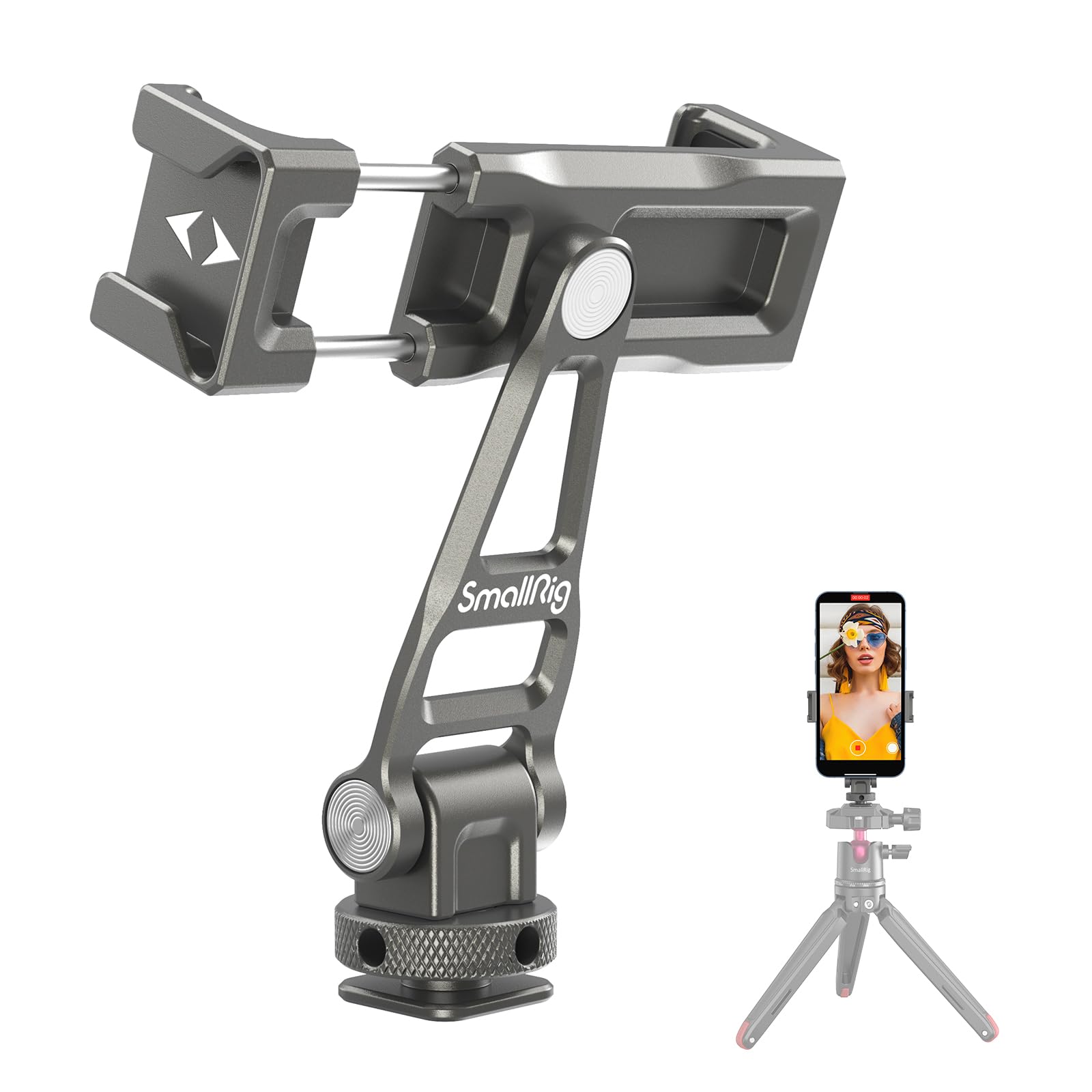 SMALLRIG Metal Phone Camera Mount Universal Mobile Phone Holder w/Cold Shoes and 1/4"-20 Threaded Hole, Clip for iPhone 17 16 15 14 13,etc, 360° Rotation Phone Tripod Mount for Vlogging - 3559