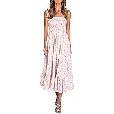 Imily Bela Womens Summer Floral Boho Dress Tie Strap Square Neck Smocked Ruffle A Line Beach Long Maxi Dresses