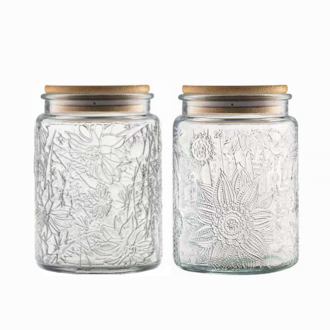 ANSQU Set of 2 Vintage Glass Jars, 700 ml Candy Jars with Lids, Sugar Container Mason Jars for Home Kitchen Pantry, Cute Jar (Daisy & Sunflower)
