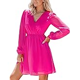 CUPSHE Womens Fall Wedding Guest Party Dress Long Sleeve V Neck Mini Dress Flowy Chiffon A Line Short Dresses