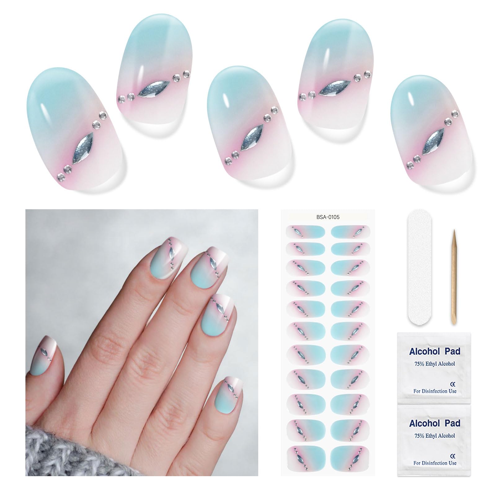 DUKASOU Semi Cured Gel Nail Strips No UV Light Needed, 22 PCS Gel Stickers, Wraps Set, Salon Quality Polish (Pinkish Blue)