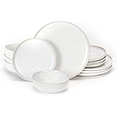 LINKLIFE 12 Pieces Ceramic Dinnerware Sets Service for 4 - Reactive Glaze Stoneware Plates and Bowls Sets for Home Kitchen, Microwave and Dishwasher Safe, Scratch Resistant, White