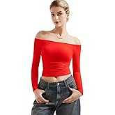 SUUKSESS Women Off Shoulder Double Lined Long Sleeve Shirts Basic Going Out Tops