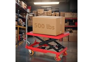 EliteEdge Hydraulic Scissor Lift Table Cart, 500 LBS Capacity, 28.5" Max Height for Warehouse Workshop Use, 4 Wheels for Smooth Mobility, Red