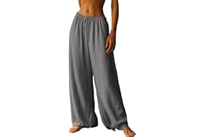 Women's Wide Leg Linen Pants High Waist Trousers Summer Palazzo Lounge Pants Loose Casual Flowy Trousers for Beach