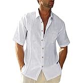 Mens Beach Linen Shirts Short Sleeve Cuban Button Down Casual Summer T Shirt Guayabera Hawaiian Tee Loose Fit Tops