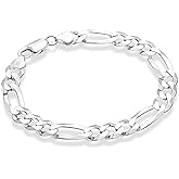 Miabella 925 Sterling Silver Italian Solid 9mm Diamond-Cut Figaro Link Chain Bracelet for Men, Made in Italy