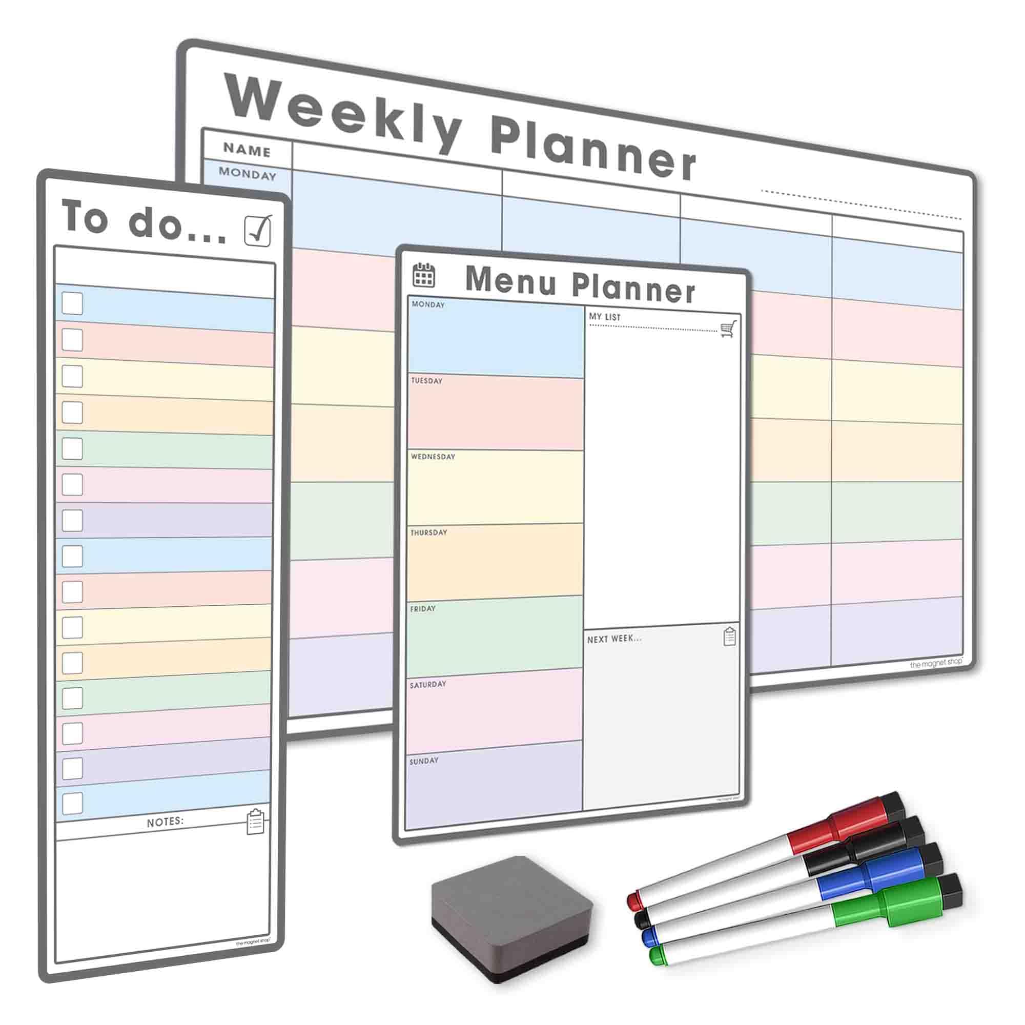 The Magnet Shop #1 Magnetic Whiteboard Planner Pack/Custom Dry Erase Set - Weekly Planner, My List, Monthly Calendar, 4 Dry Wipe Marker Pens, Eraser (Pastel, Bundle 3)
