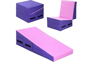 DOPINMIN Gymnastics Mat Incline Tumbling Mats yoga mat for Home Gym, Folding Exercise Mat with Non-Slip PU Surface & Handles, Cheese Wedge Mat