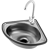 Stainless Steel Wall-Mounted Washbasin Single Bowl Sink, Small Corner Basin Sink Countertop Mounted Corner Basin Sinks Triangle Wash Basin Kitchen with Faucet &amp; Drain Pipe for Bathroom Lavatory