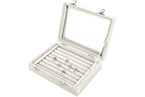 EONGOA Jewelry Box Rings Organizer Tray 7 Slots Velvet Jewelry Earring Storage Box With Transparent Lid Jewelry Display Case for Girls Women (Beige)