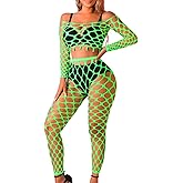 Kaei&Shi Sexy Fishnet Bodysuit Stockings,Mesh Long Sleeve Crop Top Lingerie,Hollow Out Music Festival Rave Outfits