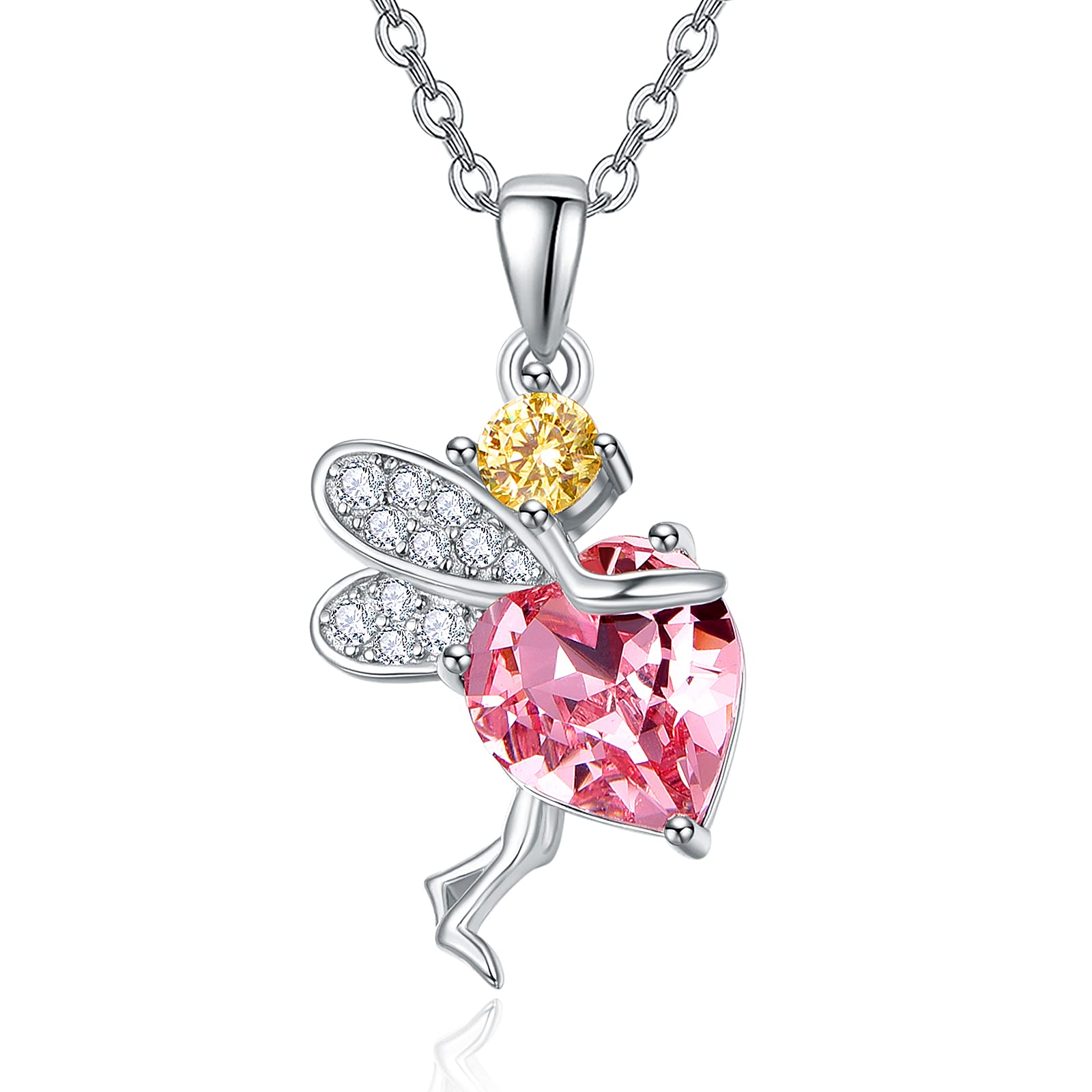 praymos Guardian Angel Pendant Fairy Necklace 925 Sterling Silver Pink Heart Crystal Jewellery Birthday Gifts for Women
