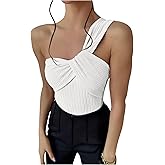 GORGLITTER Women's Twist Front One Shoulder Bodysuit Sleeveless Backless Asymmetrical Neck Tank Top Jumpsuits