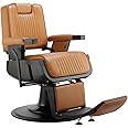 SHERMAN Heavy Duty Barber Chair Reclining Seat, Hydraulic Barber Chair for Barber Shop Hair Salon, Black Frame Camel Leather