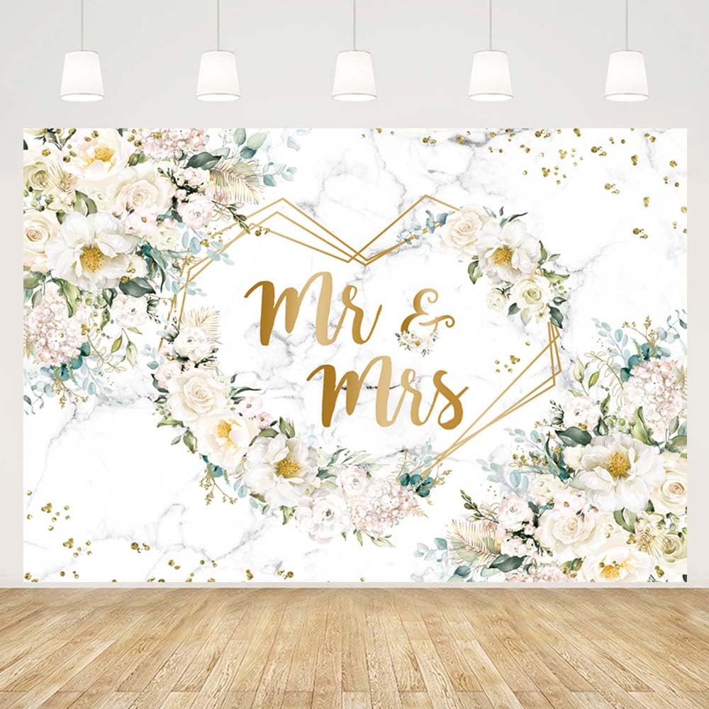 MEHOFOND 7x5ft White Flower Mr & Mrs Party Backdrop for Bridal Shower Engagement Ceremony Couples Wedding Anniversary Decorations Portrait Photography Background Supplies Banner Photo Studio Props
