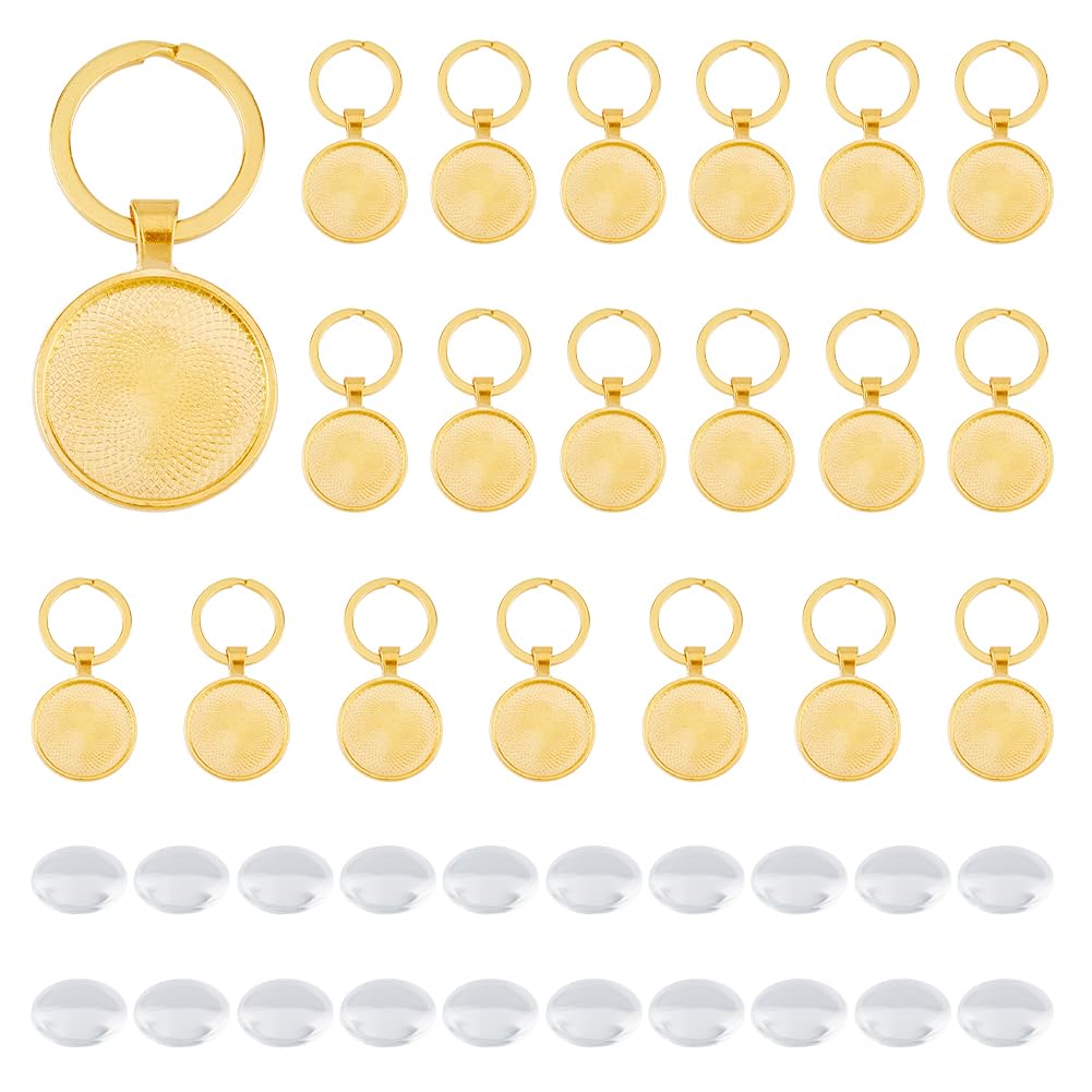 DICOSMETIC 20 Sets Blank Cabochon with Keychain Set Golden Alloy Pendant Cabochon Settings and Glass Cabochons DIY Blank Dome Keychain Making Kit for Photo Resin Personalized Crafting