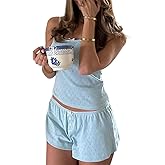 Qmlyev Cute Pajama Sets for Women Lace Trim V Neck Cami Tops and Shorts Matching Lounge Pj Sets Teens Y2K 2 Piece Outfit