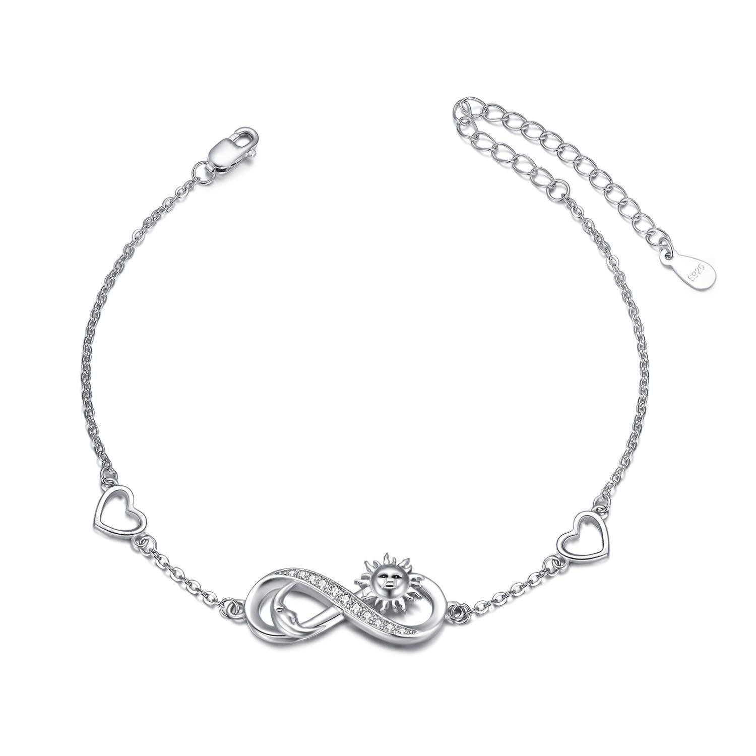 PEIMKO Womens 925 Sterling Silver Infinity Love Heart Sun&Moon Symbol Charm Adjustable Bracelet