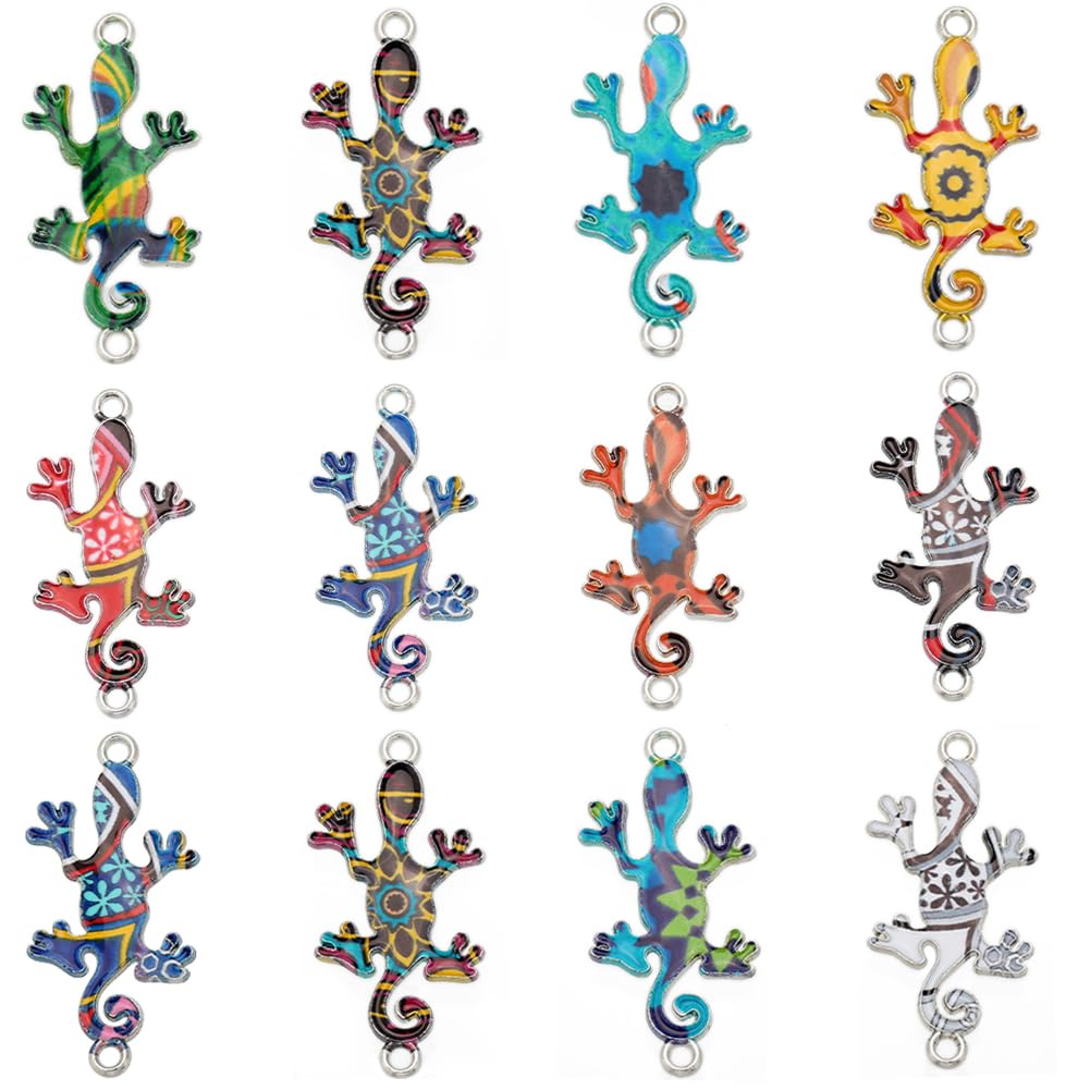 SUNNYCLUE 1 Box 30Pcs 12 Colors Gecko Charm Enamel Connector Charms Mini Metal Alloy Colorful Amphibian Animal Link Connectors with Double Hole for jewellery Making Charms Women DIY Necklaces Bracelet