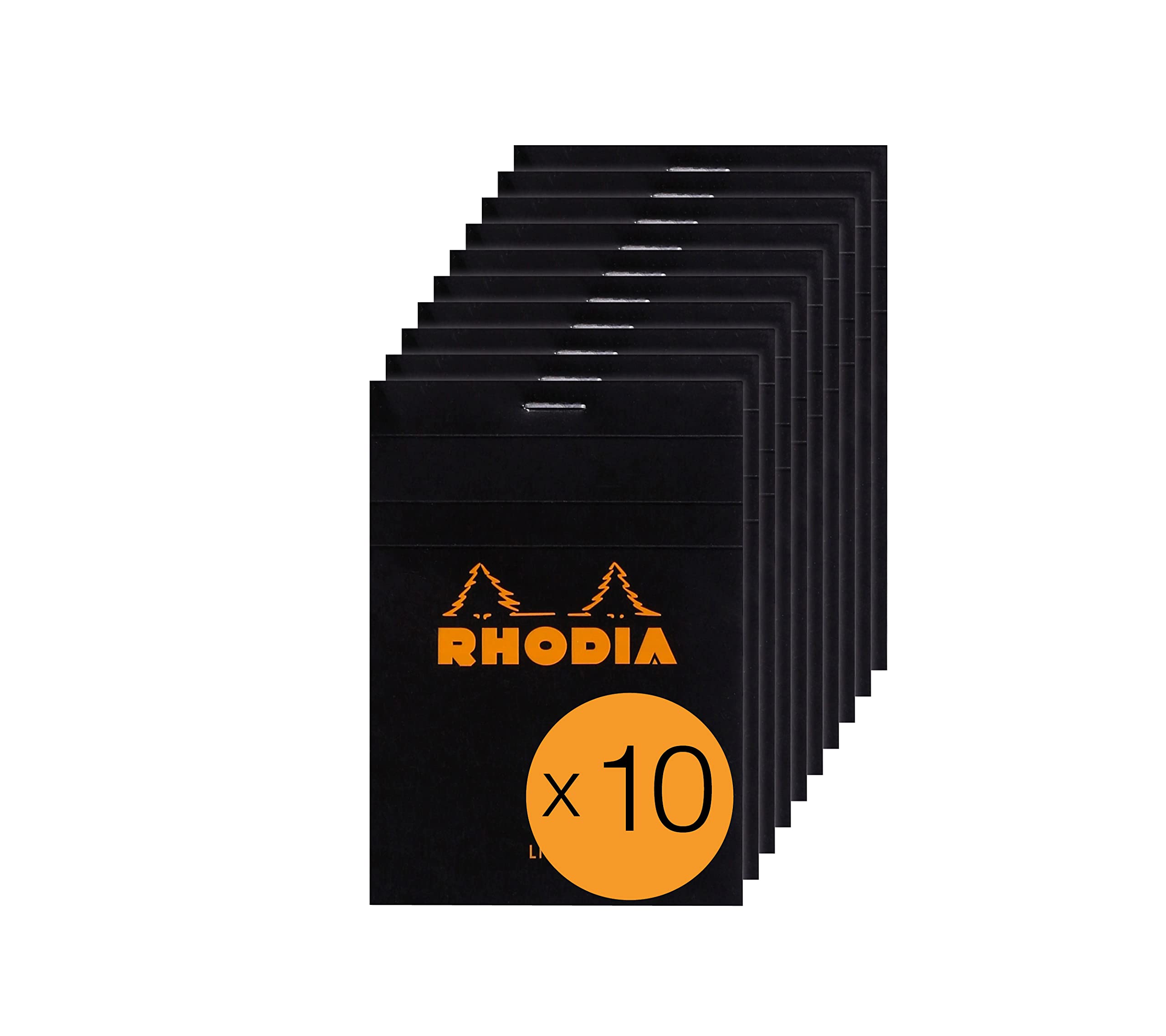 RHODIA 126009C - Stapled Notepad N°12 Black - 8.5x12 cm - Ruled - 80 Detachable Sheets - 80G White Clairefontaine Paper - Coated Card Cover - Pack of 10 pads