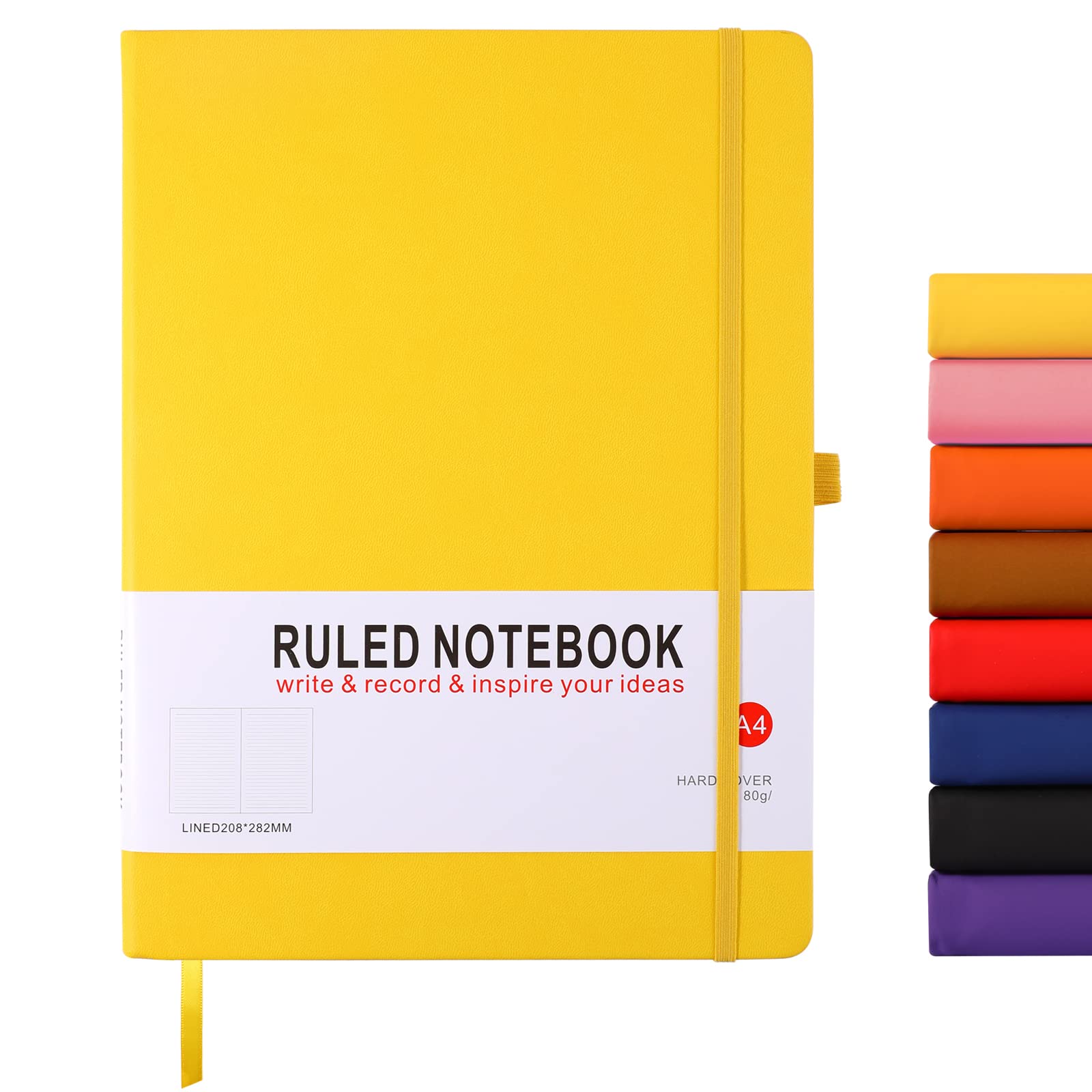 A4 Notebook, Notebook A4 Journal Notebook Hardcover Notepad with Bookmark Composition Notebooks, Pen Loop, and Elastic Closure, 8.3" X 11.18", Yellow