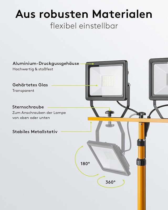 2 x 50W Baustrahler LED mit Stativ einstellbar und 2,5m Kabel für Baustelle, Werkstatt oder Keller - IP65 Baulampe LED für Innen- & Außenbereich - Strahler 2x8500 Lumen kaltweißes Licht 6500K