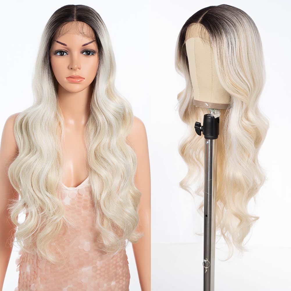 Style Icon Blonde Wigs for Women 28 inch Long Body Wavy T Part Lace Wig White Blonde Synthetic Heat Resistant Fiber
