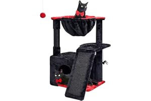 SYANDLVY Gothic Cat Tree for Indoor Cats Large Adult, Modern Activity Tower with Scratching Posts & Board, Condo with Plush Perch, Cradle & Hanging Ball & Spider for Play, Black