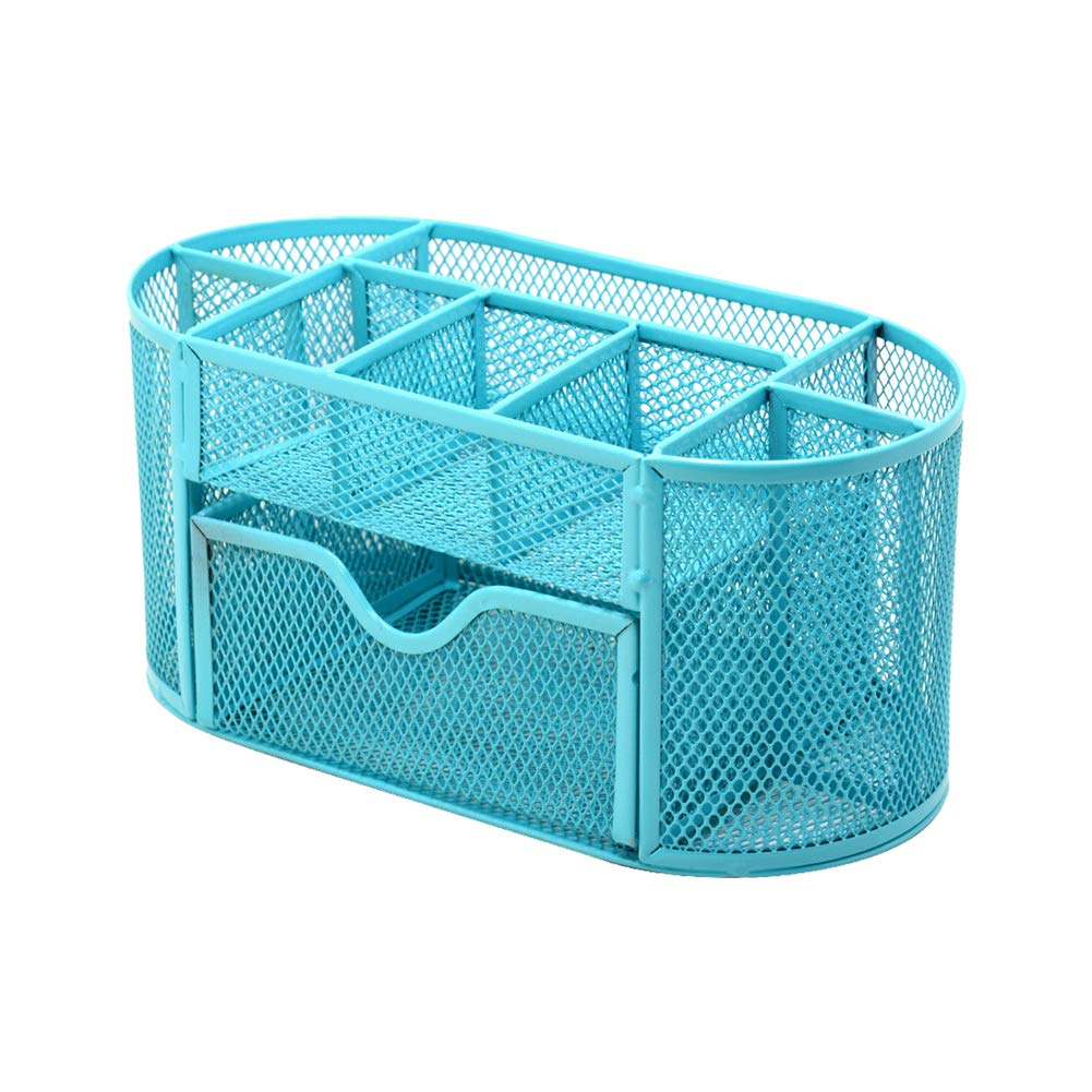 Aileese Mesh Desk Office Organizer,Multifunction Pen Holder with Drawer Stationery Storage Desktop Blue