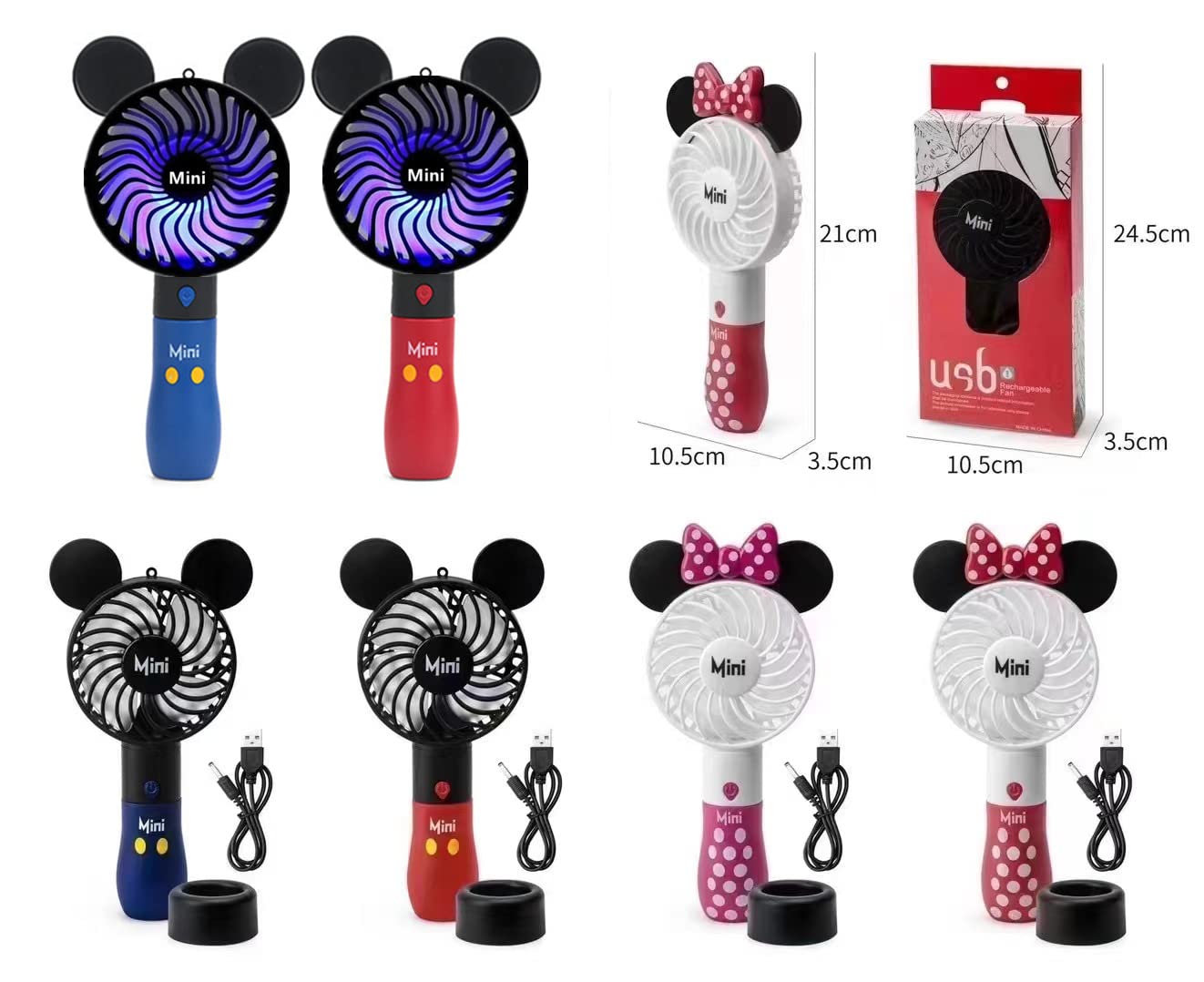 Kbinter Cute Personal Mini Fan, Handheld & Portable USB Rechargeable 1 Speed USB Fans with Colorful LED Light Adjustable, for Indoor Or Outdoor Activities, Cute Mouse